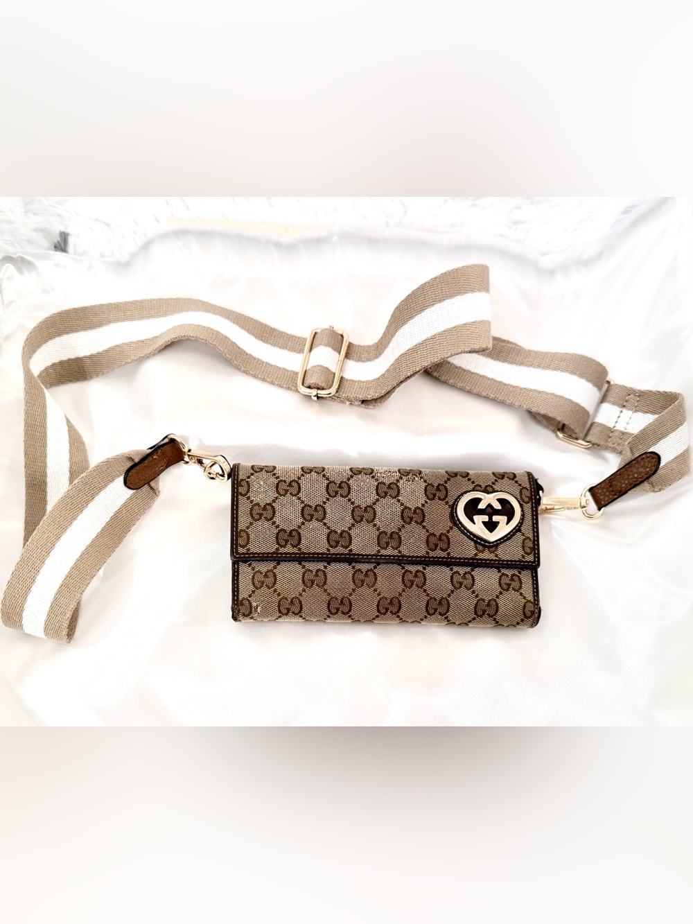 Gucci Brown GG Canvas Crossbody Belt Bag with Heart Logo